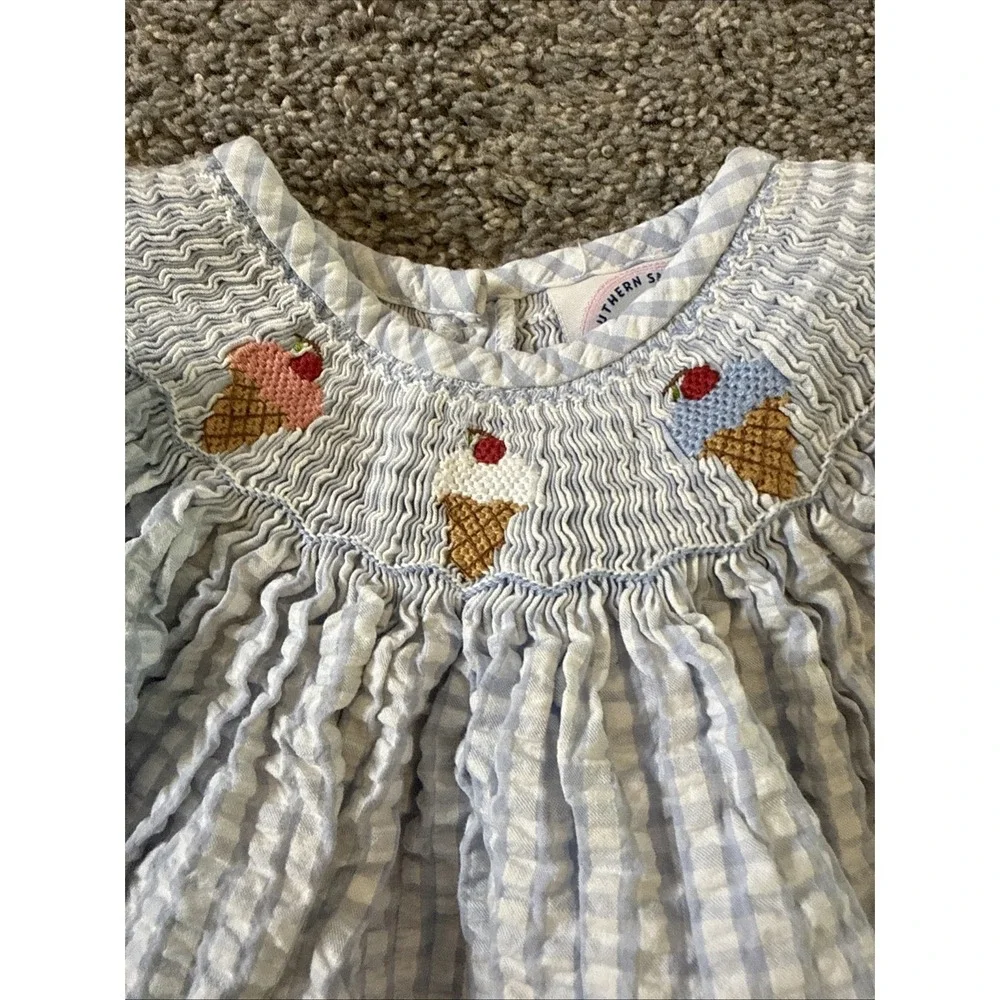 JoJo Maman Bébé Baby Girl Seersucker Stripe Dress 6–12M Embroidered Strawberries